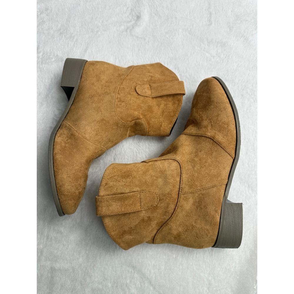 Unbranded Western Ankle Boots Women Size 41 Tan Faux Suede Low Block Heel Boots - Picture 3 of 5
